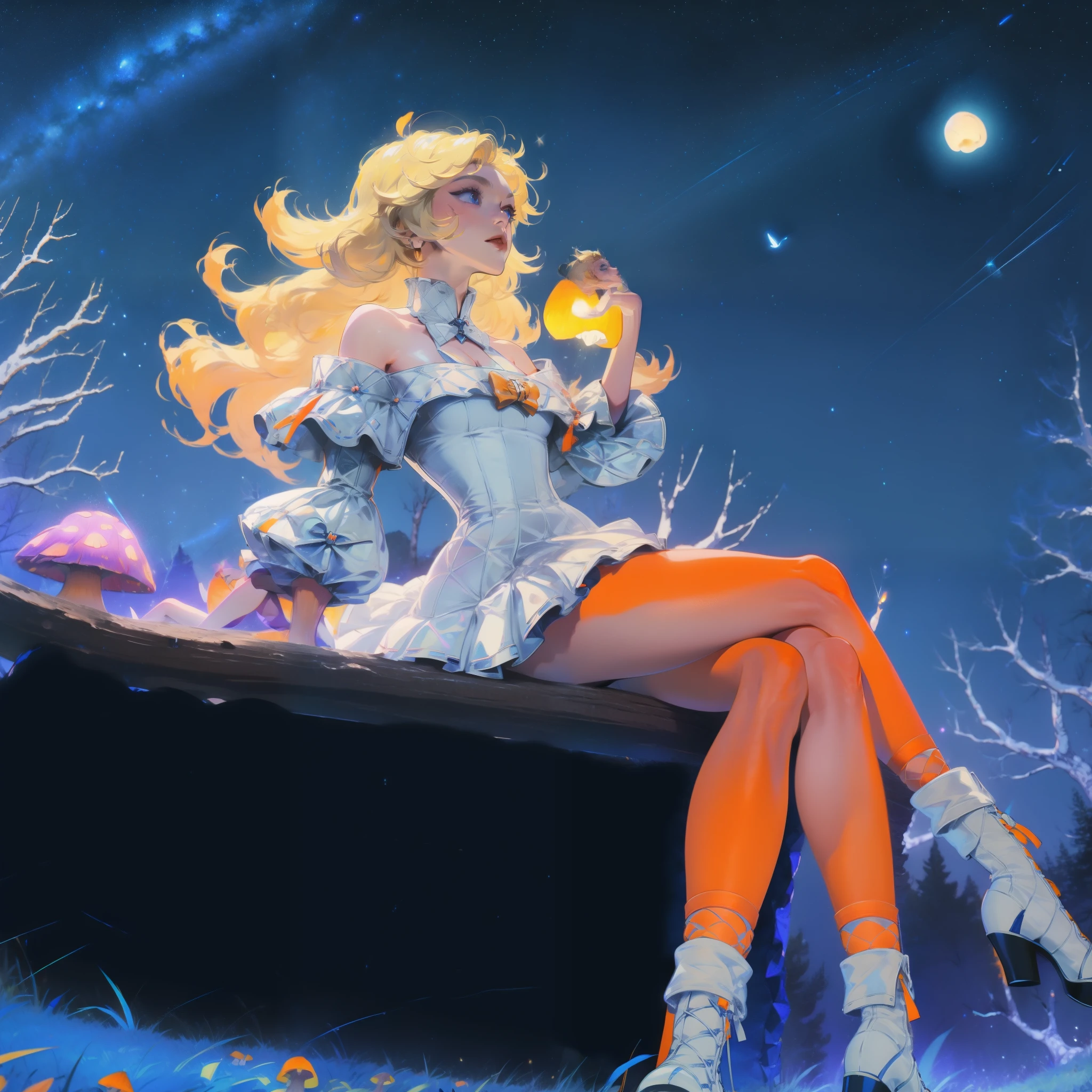 Anime girl with light blonde hair，With light blue eyes，Wearing an off-the-shoulder dress with puff sleeves，Sitting in the woods，Next to it is an orange mushroom，Surrounded by fireflies under the stars
