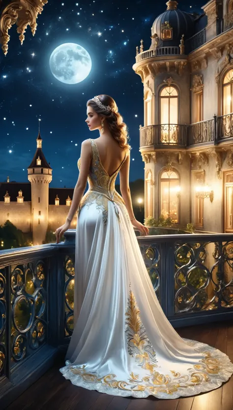 scene of a night dance party being held at a castle,a beautiful woman in a white evening dress stands on the balcony,woman is lo...