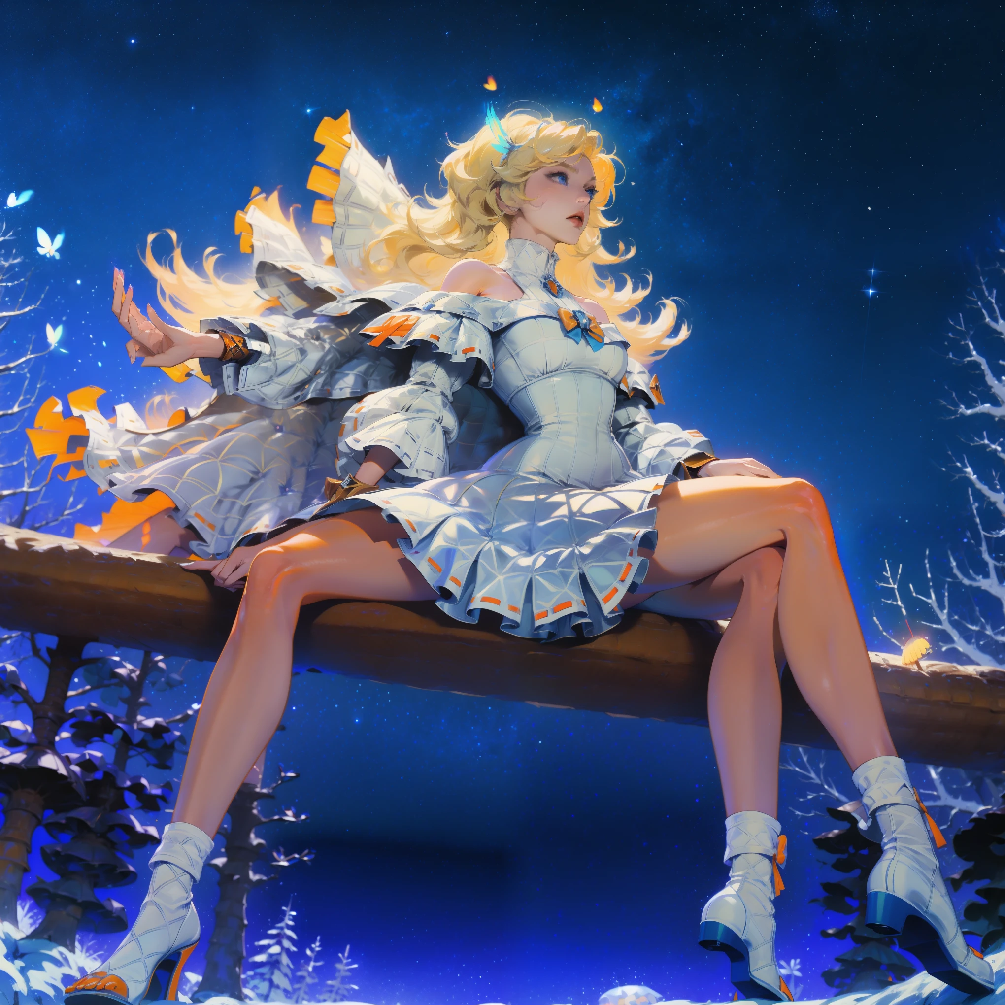 Anime girl with light blonde hair，With light blue eyes，Wearing an off-the-shoulder dress with puff sleeves，Sitting in the woods，Next to it is an orange mushroom，Surrounded by fireflies under the stars
