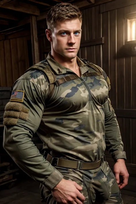 8k photorealistic, Handsome, man, blue eyes，Wearing tight camouflage clothing, Soldier, , barracks, Big bulge, muscular, Protrud...