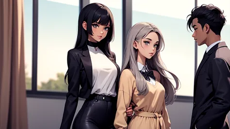 girl possesses long, flowing gray hair in stunning shades of blended. paired with a boy with black hair in an anime-style settin...