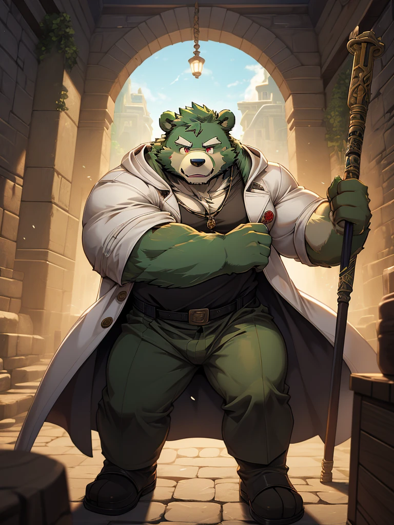 masterpiece, high quality, anime, detailed eyes, male jinpei, anthro, bear, Great physique, strong arms manly, Casual suit, (((green bear))), (((green fur))), green hair, beard, white eyebrows, bald, detailed red eyes, tall, Joyful, (black t-shirt inside), (((white unhooded trench coat ))), by zixiong, use a magic staff, dungeon, labyrinth,  casting magic, action pose,