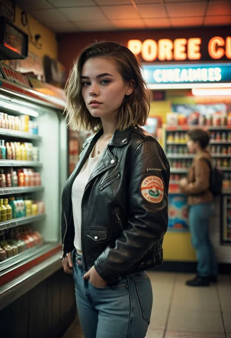 full body photo of a 23 year old Dutch woman, undercut hairstyle, tee, leather jacket, jeans, 80s convenience store, very detail...