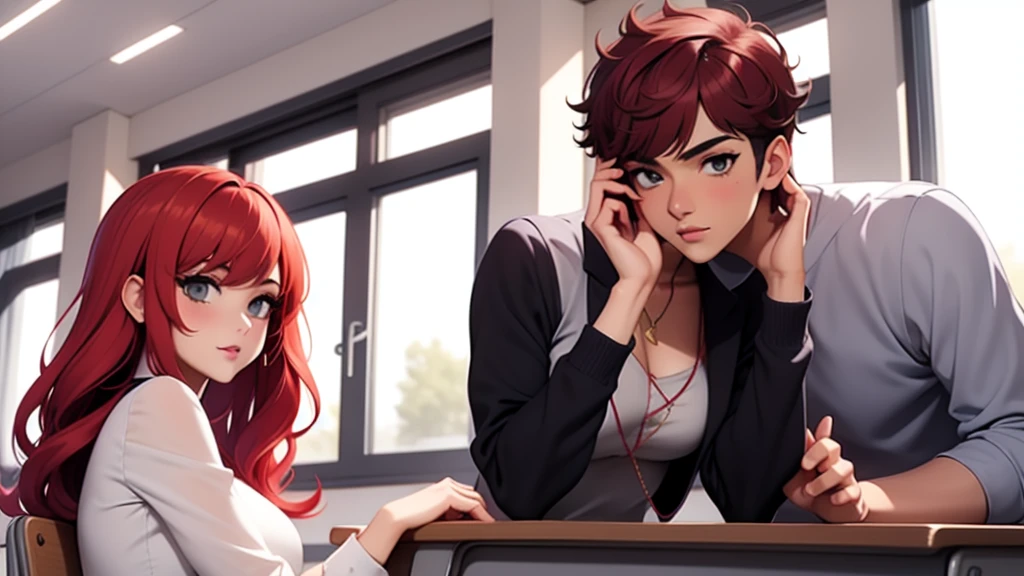 girl possesses long, flowing gray hair in stunning shades of blended. Paired with a boy with red hair in an anime-style setting in classroom at the school,