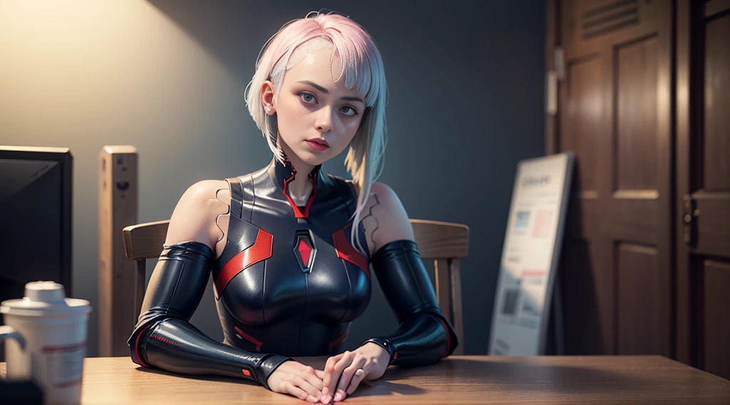 Photorealistic, woman in skimpy underwear (lace, full cyborg suit: 1.55) (Sit on the table: 1.5) (body turned towards viewer: 1.2), (head turned to the left: 1.8), (legs crossed: 1.4), black hair, cyborg, robot parts, beautiful detailed body and face, amorans, 2049, Japan girl at 16 years old, cute, juvenile, sexual, sigh, Inviting, Afrofuturistic, Made in Maya, Samyan, 2070, Cyborg, Robot Parts, Beautiful Studio Soft Lights, Rim Lights, Vivid Details, Gorgeous Cyberpunk, Lacing, Hyper-Realistic, Anatomical, Facial Muscles, Cable Electrical Wires, Microchip, Elegant, Beautiful Backgrounds, Octane Rendering, 8K, Top Quality, Masterpiece, Illustration Very delicate and beautiful, highly detailed CG, unity, wallpaper, (realistic, photorealistic: 1.37), amazing, fine details, masterpiece, top quality, official art, highly detailed CG Unity 8k wallpaper, absurd, incredibly absurd, robot, silver halmet, (full body: 1.4), standing, (nsfw: 1.2), sticking out ass, Beautiful line cyberpunk cityscape with big buttocks and thin constriction, city with neon lights in the background, surprisingly detailed face