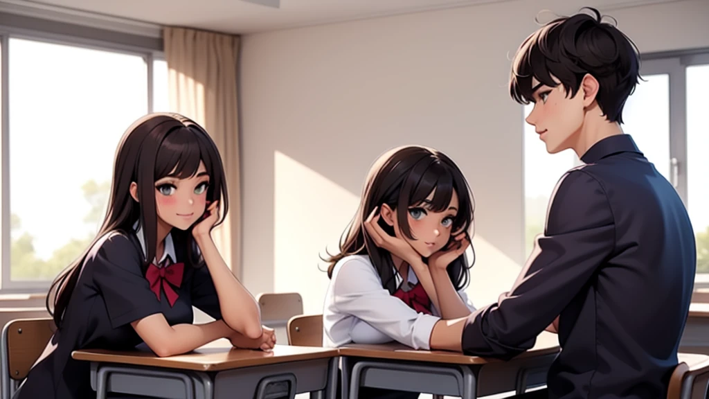 girl possesses long, flowing gray hair in stunning shades of blended. Paired with a boy with brown hair in an anime-style setting in classroom at the school,