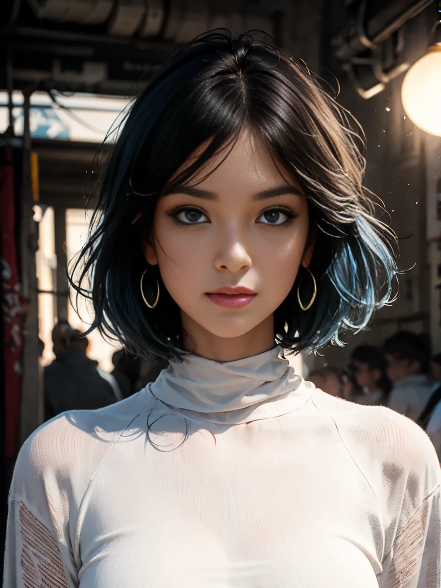 a short-haired girl, blue hair, blue eyes, matching blue, confident smile, corrected limbs, 1girl, detailed facial features, beautiful detailed eyes, beautiful detailed lips, extremely detailed eyes and face, long eyelashes, photorealistic, hyper detailed, intricate, highly realistic, digital painting, vibrant colors, cinematic lighting, volumetric lighting, dramatic lighting, film grain, depth of field, award winning, masterpiece, studio quality