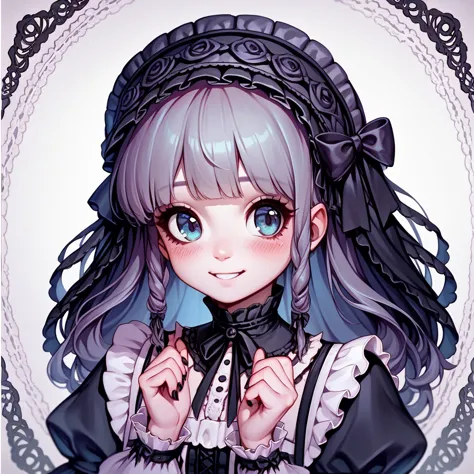 1girl. cutestyl3, cute, gothic clothing, lolita, halfbody, smile, blush, portrait ,hand on ches