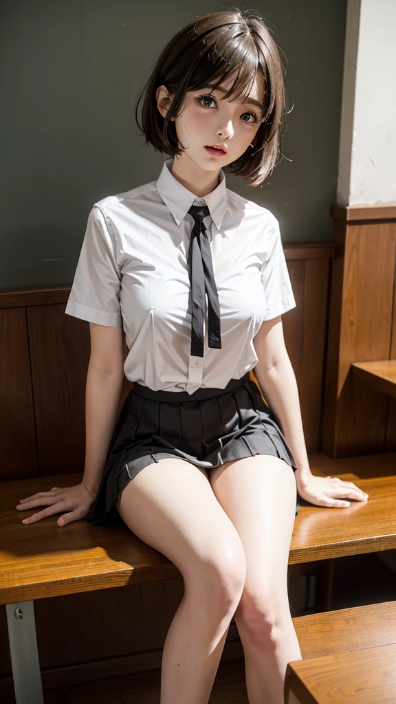 半袖の制服_白, ブラジャーを着用していない, 乳首を見る, かなり短いスカート_黒, 下着を着用していない, テーブルに座っている, 足を広げて, 