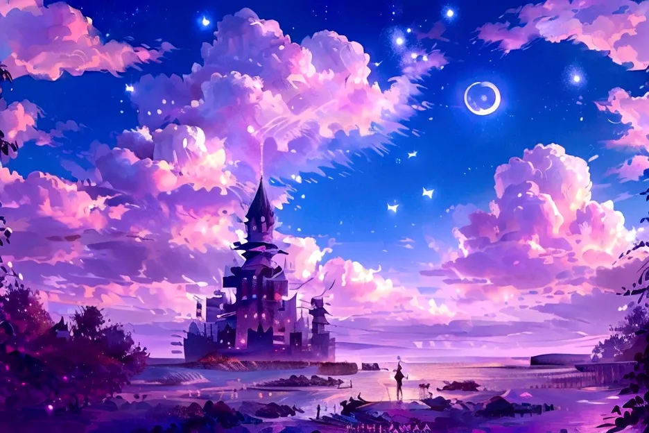 a fairy in a dreamlike night, whimsical fairytale background, dreamlike illustration, magical fairy background, pink moon, moonl...