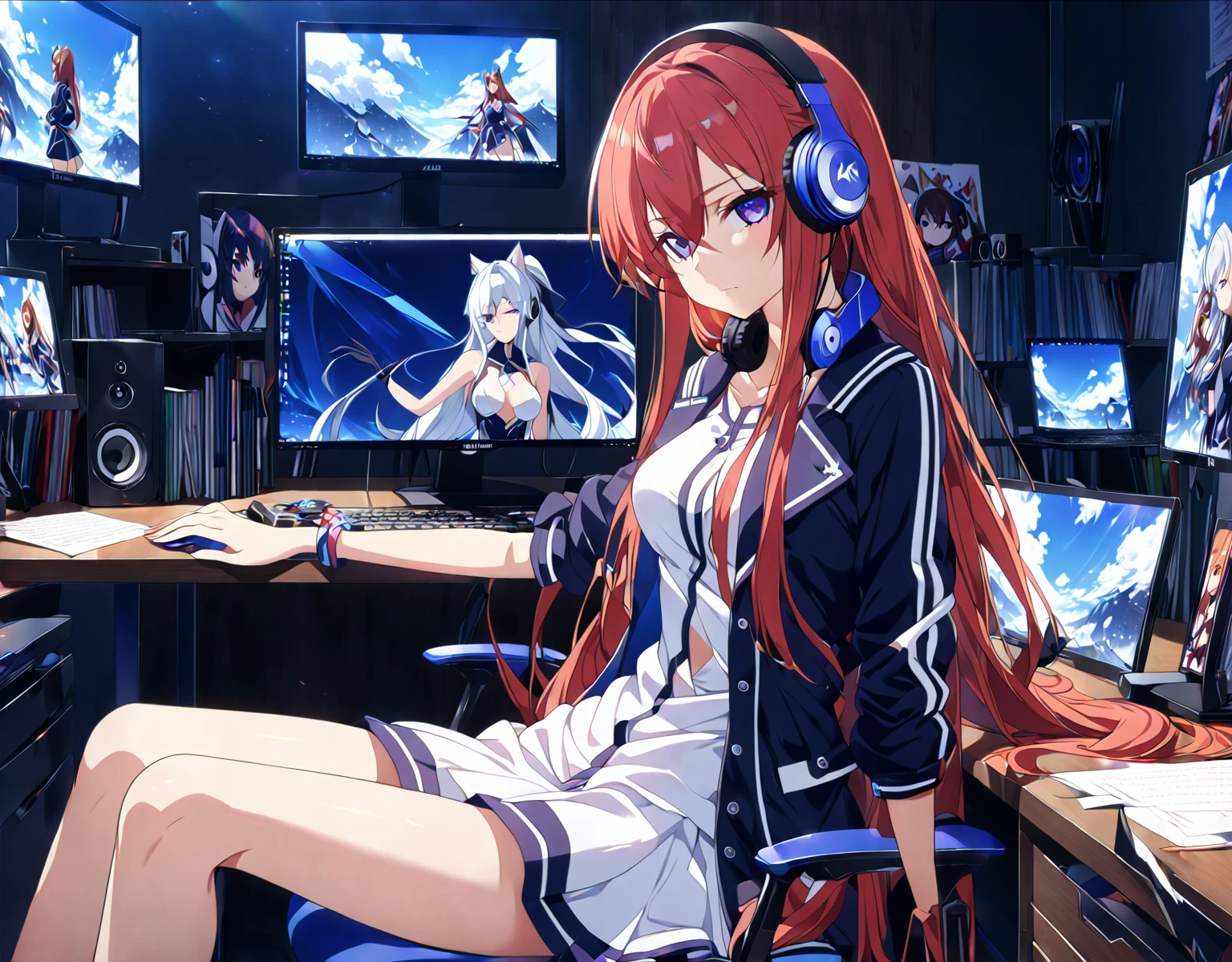 動漫女孩 sitting in front of a computer desk with headphones on, 動漫風格4k, seductive 動漫女孩, attractive 動漫女孩, 動漫女孩 desktop background, 超高清動漫壁紙, 4k動漫壁紙, beautiful 動漫女孩, 動漫最佳女孩, 動漫女孩 with long hair, 動漫壁紙4k, 動漫壁紙4k, pretty 動漫女孩, (動漫女孩)