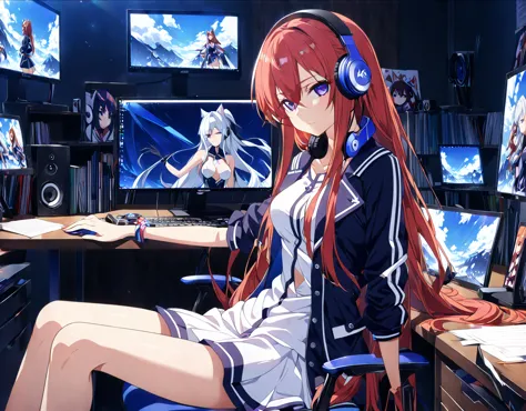 anime girl sitting in front of a computer desk with headphones on, anime style 4 k, seductive anime girl, attractive anime girl,...