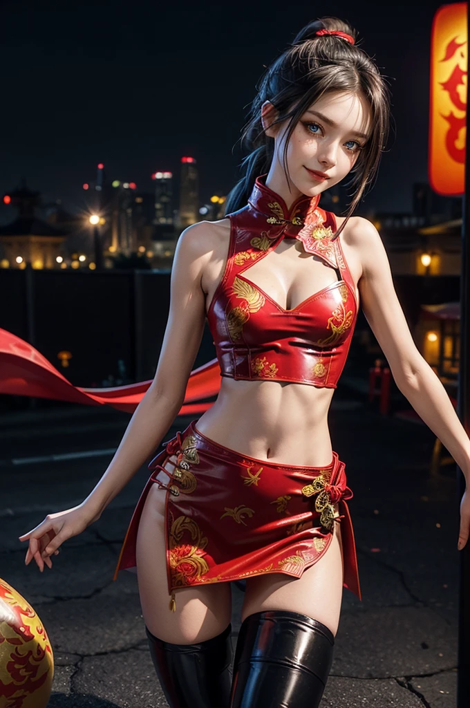 (RAW photo, best quality), Cute girl with short black hair, (ponytail), (city roof at night background), low light , dark eyeliner, happy smile, gorgeous face , super cute, 1 , young looking, hyper detailed face, dark eyeliner, (medium breast), (thin waist, super slender), (bare shoulders, (exposed hips), skintight and red PVC qipao china dress with yellow dragon decoration and vivid patterns, deep black leather thigh high boots, red PVC arm sleeves with yellow flower decorations and vivid patterns, cleavage, ((both hands on waist)), one leg in front of the other, (((small navel tease)))