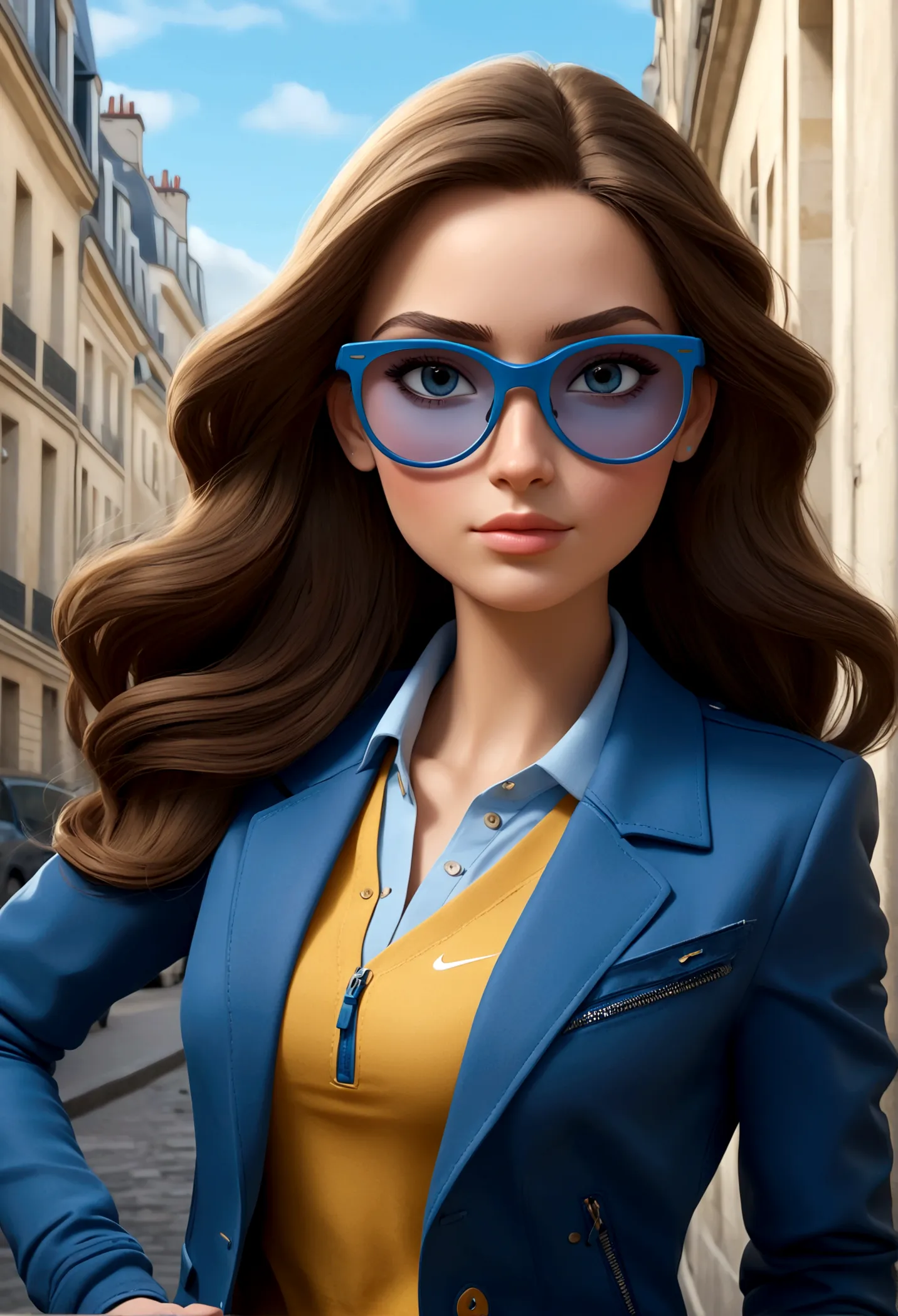 personnage 3D, une Femme caucasienne brune yeux bleus avec visage allongées et cheveux longs lisses avec mèche sur le côté droit...