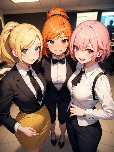 two sexy bubbly and cheerful women in office outfits holding small boy with blonde hair between them, women have short, vibrant ...