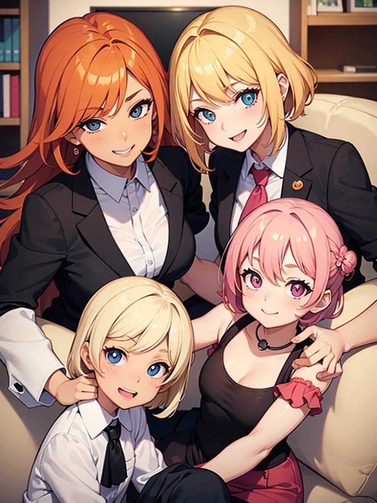 Zwei sexy, quirlige und fröhliche Frauen in Büro-Outfits halten einen kleinen Jungen mit blonden Haaren zwischen sich, Frauen haben kurze, leuchtend orangefarbenes Haar mit rosa Highlights, kokettes Lächeln, in die Kamera schauen