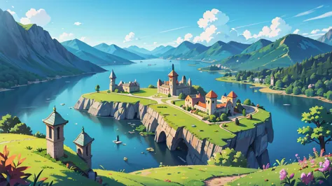 landscape image, a beautiful crescent shaped lake, a fortress city on a peninsula jutting out into the lake at the centermost po...