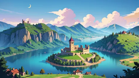 landscape image, a beautiful crescent shaped lake, a fortress city on a peninsula jutting out into the lake at the centermost po...