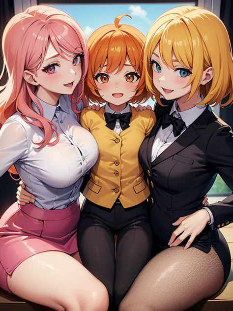 two sexy bubbly and cheerful women in office outfits holding small boy with blonde hair between their boobs, women have short, v...