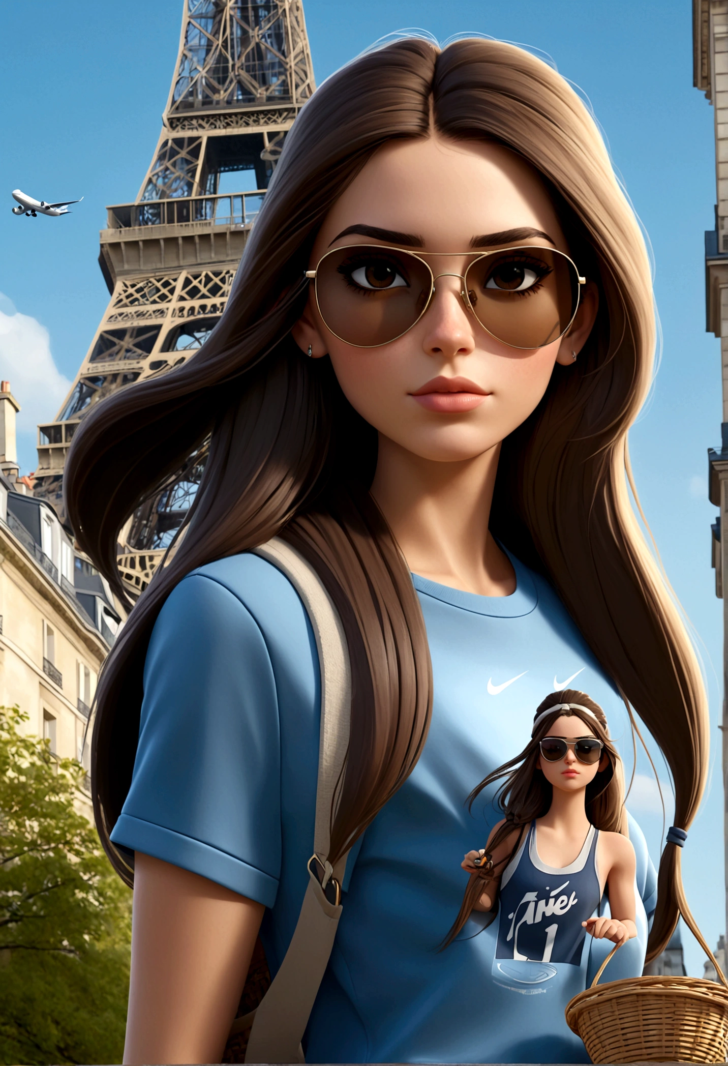 3D character, une Femme caucasienne brune yeux bleus avec visage allongées et cheveux longs lisses avec mèche sur le côté droit, dark brown and blonde reflection wearing sunglasses on her head. Habillée avec un jean et un haut noir portant basket Nike air force 1. Paris city background 