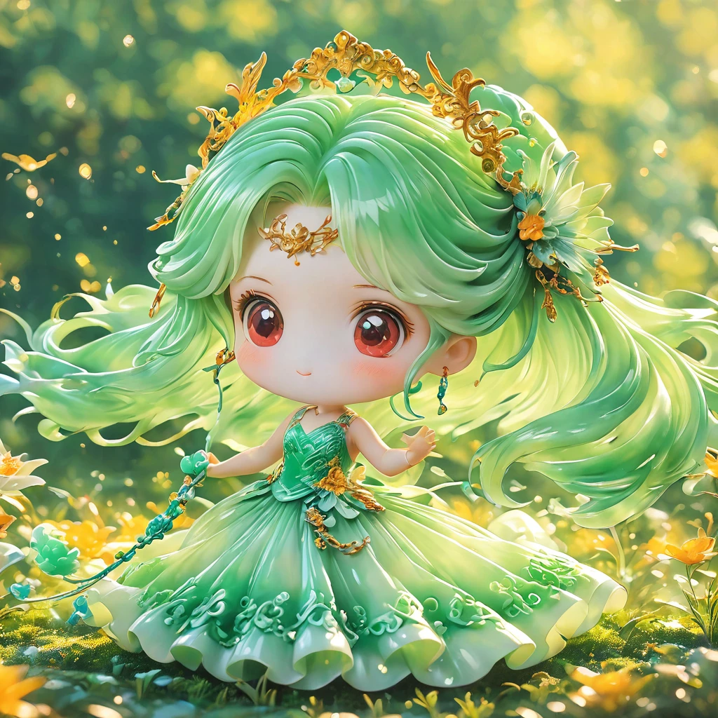 best quality, very good, 16K, ridiculous, Very detailed, charming((( Evening dress 1.3)))wing，Made of translucent jadeite, Background grassland（（A masterpiece full of fantasy elements）））， （（best quality））， （（Intricate details））（8K）