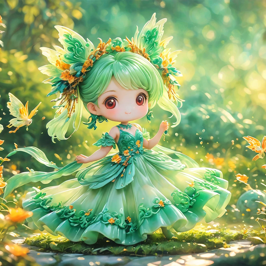 best quality, very good, 16K, ridiculous, Very detailed, charming((( Evening dress 1.3)))wing，Made of translucent jadeite, Background grassland（（A masterpiece full of fantasy elements）））， （（best quality））， （（Intricate details））（8K）