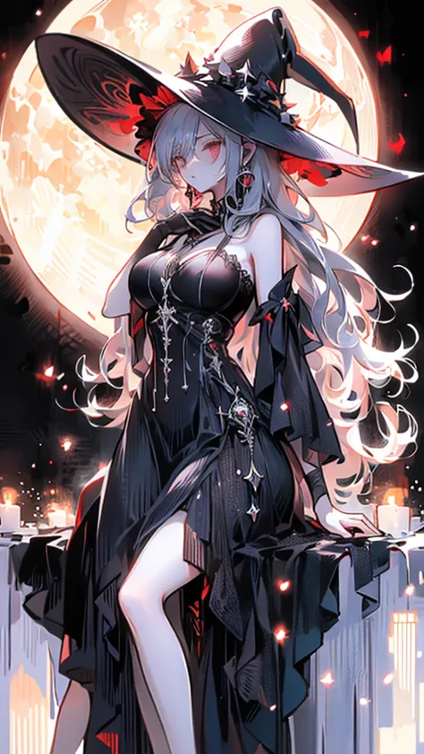 Adult Lady, long silver hair, Ruby Eyes, Black Gothic Dress, Grim Reaper Scythe