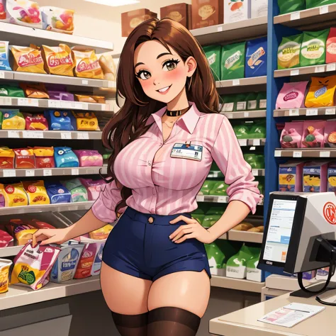 ((best quality)), ((masterpiece)), (intricate details, hyperdetailed:1.15), Character 1girl, cheerful sales checkout clerk, long...