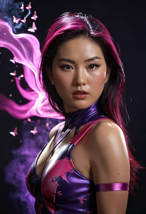 half body, portrait illustration of psylocke from x-men, an beatiful japanese girl envolve in a energy pink aura, little butterf...