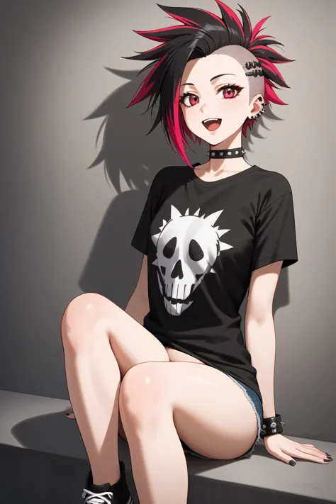 score_9,best quality,
1girl,t-shirt,punk,sitting,open mouth