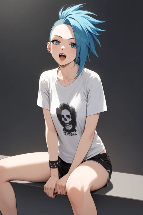 score_9,best quality,
1girl,t-shirt,punk,sitting,open mouth