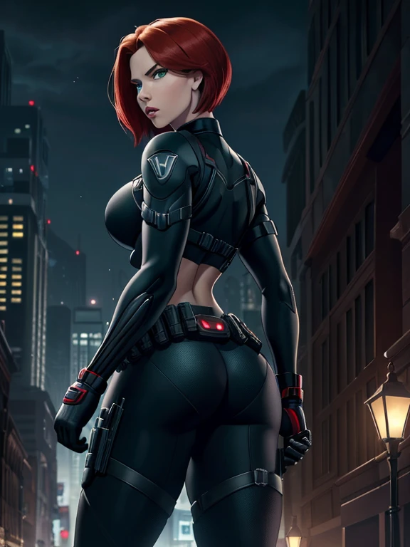 Scarlett Johansson as Black Widow, ((Masterpiece)); ((Natural Beauty)); ((Ultrarealistic green eyes)); ((Ultrarealistic fair white skin)); ((Ultrarealistic round boobs)); ((Ultrarealistic red short classic bob haircut hairstyle)); ((Ultrarealistic round Asscheeks)); ((Ultrarealistic widow bite black gloves)); ((Ultrarealistic utility belt)); black and red tactical vest; Bright Red stripe accents on the side of the suit;
Short sleeve; looking at the viewer; 
 "Back view of Black Widow, her tight black suit emphasizing her shapely asscheeks as she stands in a defensive stance. The scene is night time cityscape, with buildings and street lights creating a dramatic backdrop." 