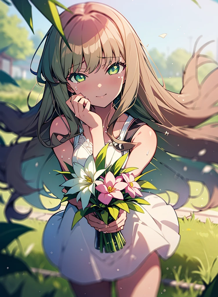 minami yume ,sss Dynazenon ,Long Hair, Brown Hair, (Green Eyes:1.5) ,smile,Wedding dress,Wedding Skirts,holding a large bouquet of flowers in both hands,Tears stream down her face,Tears of joy,I cry a lot,Stand Glass,
break outdoors, Association,Chapel,
break looking at viewer, whole body,(Cowboy Shot:1. 5) ,
break (masterpiece:1.2), Highest quality, High resolution, unity 8k wallpaper, (shape:0.8), (Beautiful and beautiful eyes:1.6), Highly detailed face, Perfect lighting, Highly detailed CG, (Perfect hands, Perfect Anatomy),