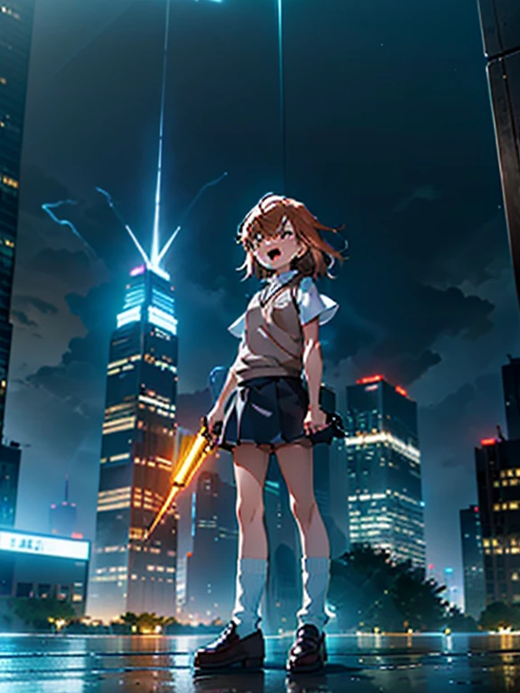 1girl, solo, , tokiwadai , shirt, white shirt, sweater vest, skirt, v-neck, pleated skirt, short sleeves, brown sweater vest, dress shirt, shorts, grey skirt, socks, collared shirt, shoes, loose socks, shorts under skirt, loafers, brown footwear, black skirt, short shorts , misaka mikoto, {{{{stun gun, holding stun gun}}}},:d, muzzle discharge masterpiece, best quality, standing,Urban, City, Skyscrapers, Skyline, Illuminated, Lightning, Thunderous, Bolts, Flashing, Glowing, Vibrant, Electric, Striking, Dynamic, Dramatic, Stormy, Urban sprawl, Nighttime, Silhouette, Energy, Excitement, Thriving, Fast-paced, Metropolis, Traffic, Neon lights, Reflections, Illuminated signs, Rain-soaked, Dramatic contrast, Impressive, Resilient, Towering, Spectacular, Impressive, Bustling, Unforgettable
Show more