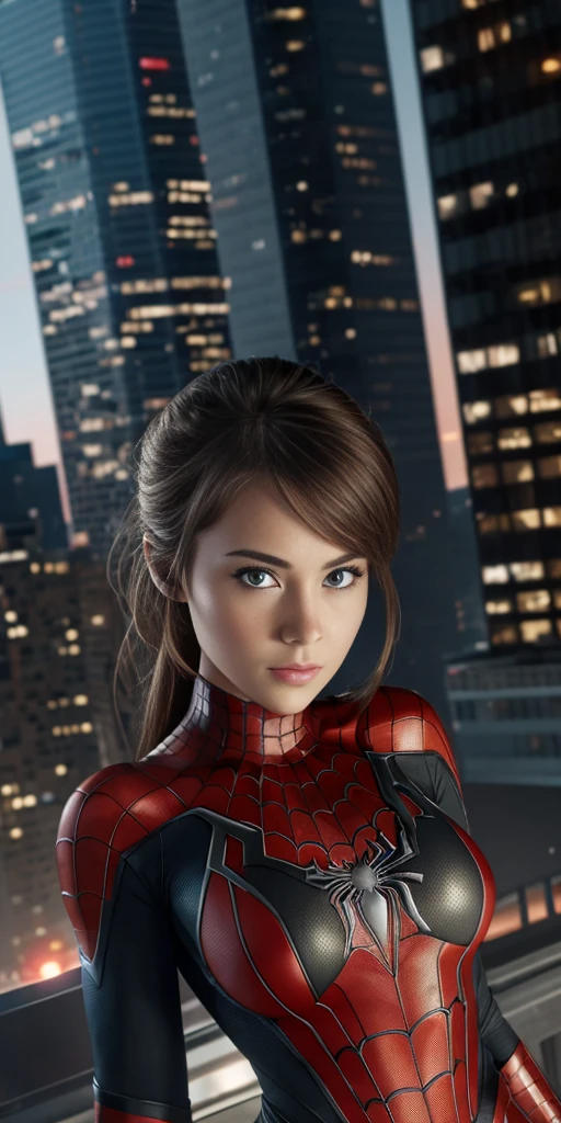 (1girl:1.3), Solo, (((Very detailed face)))), ((Very detailed eyes and face)))), Beautiful detail eyes, Body parts__, Official art, Unified 8k wallpaper, Super detailed, beautiful and beautiful, beautiful, masterpiece, best quality, original, masterpiece, super fine photo, best quality, super high resolution, realistic realism, sunlight, full body portrait, amazing beauty, dynamic pose, delicate face, vibrant eyes, (from the front), She wears Spider-Man suit, red and black color scheme, spider, very detailed city roof background, rooftop, overlooking the city, detailed face, detailed complex busy background, messy, gorgeous, milky white, highly detailed skin, realistic skin details, visible pores, clear focus, volumetric fog, 8k uhd, DSLR, high quality, film grain, fair skin, photo realism, lomography, futuristic dystopian megalopolis, translucent