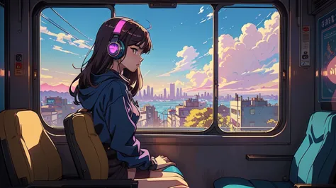 anime girl with headphones on looking out of a window  in the train, digital anime illustration, lofi artstyle, anime style 4 k,...