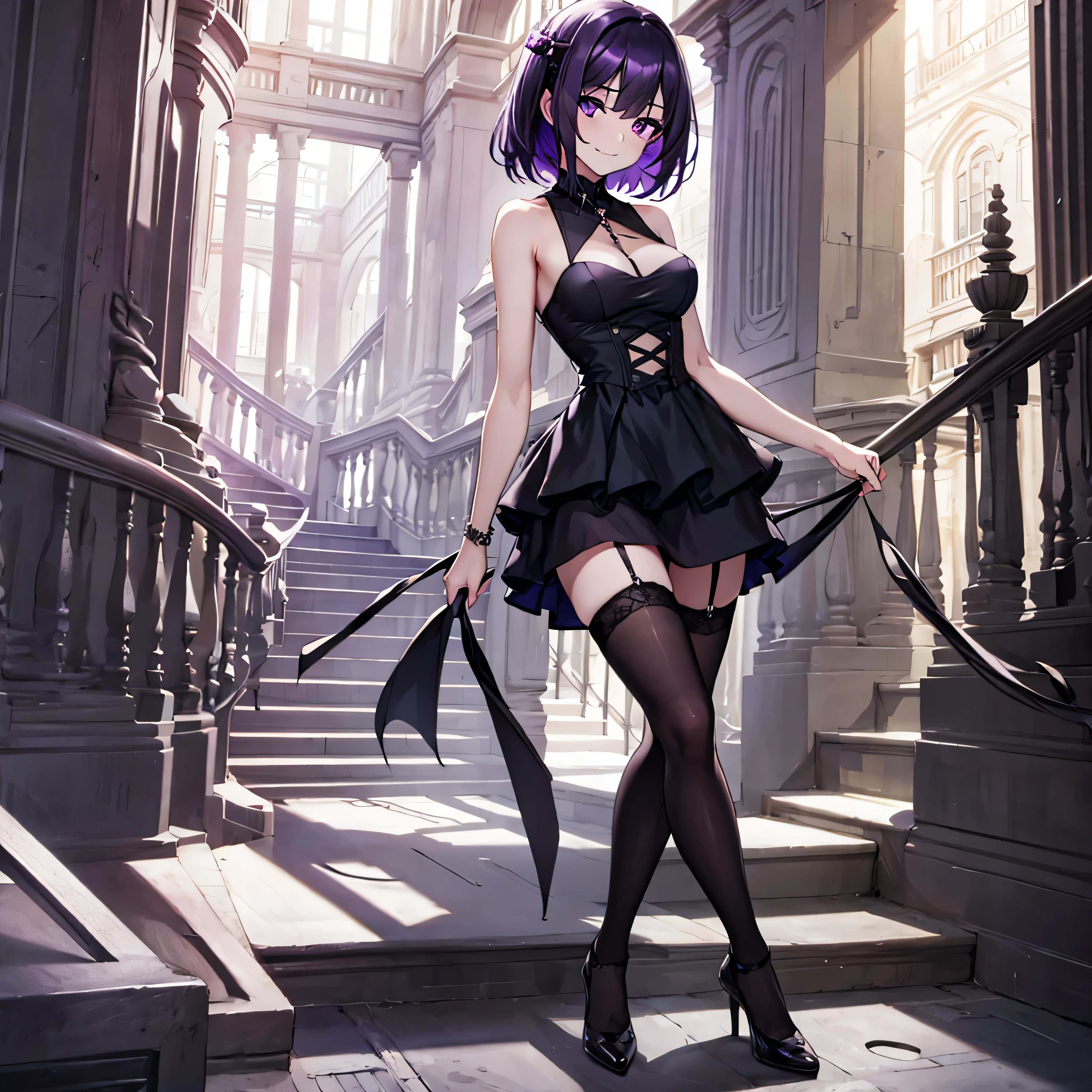 (solo), (1 skinny short girl), hall of mansion, (midnight), purple eyes, Gothic Lolita, perfect anatomy, BREAK, (black short hair), large breasts, perky breasts, white skins, (skinny narrow waist), skinny legs, BREAK, (layered black short dress), show off thigh gap, black thighhighs, stiletto heels, BREAK, sad smile