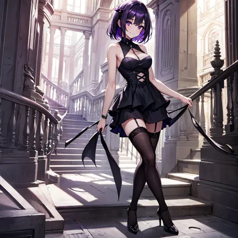 (solo), (1 skinny short girl), hall of mansion, (midnight), purple eyes, gothic lolita, perfect anatomy, break, (black short hai...