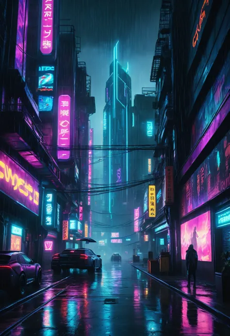 a cyberpunk city, neon lights, futuristic architecture, holograms, cyborg, advanced technology, moody atmosphere, dark shadows, ...