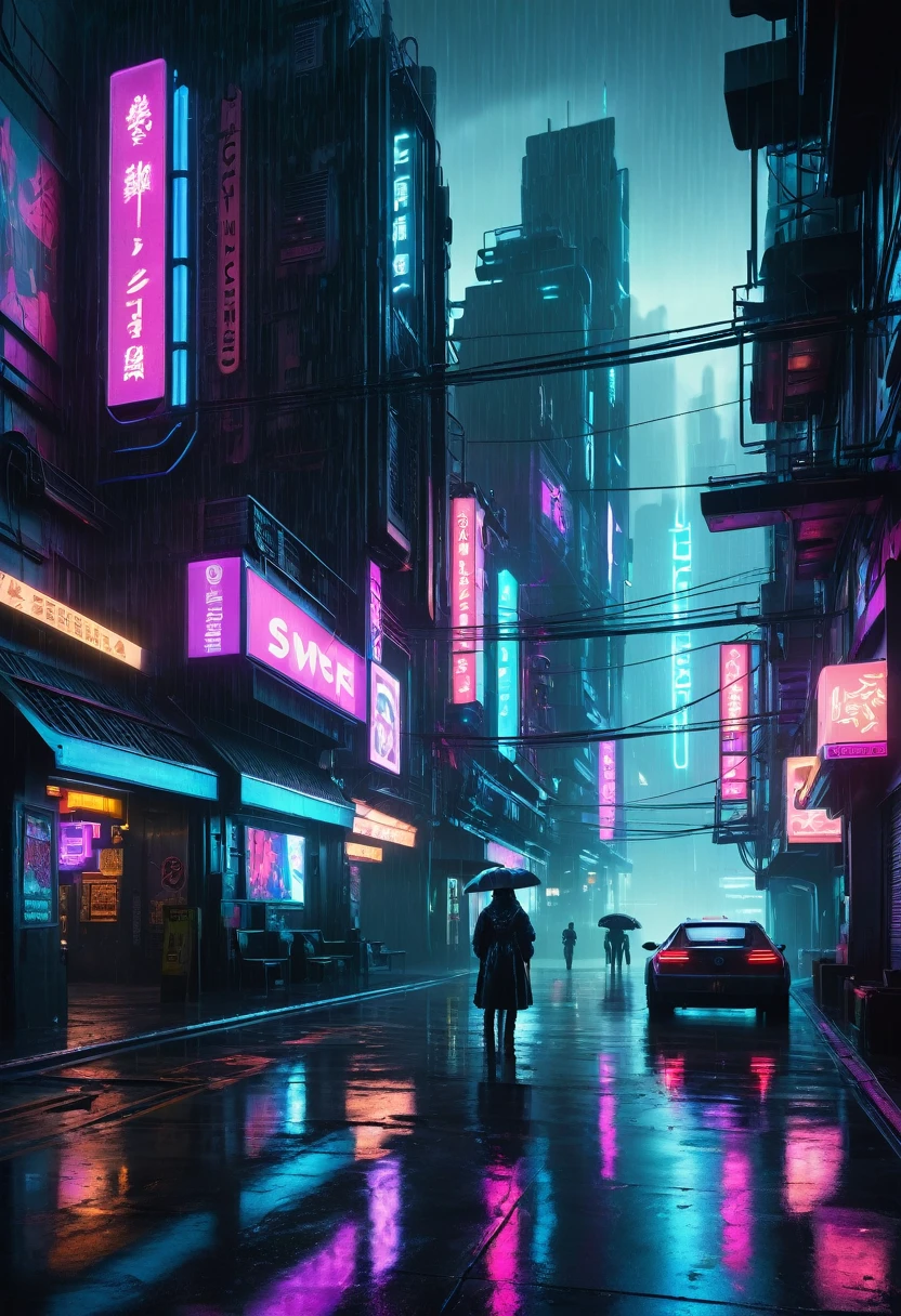 a cyberpunk city, neon lights, futuristic architecture, holograms, cyborg, advanced technology, moody atmosphere, dark shadows, sci-fi, urban landscape, rain, metallic textures, glowing displays, dystopian, cinematic lighting, high contrast, muted color palette, extremely detailed, 8k, hyperrealistic, intricate details, photorealistic