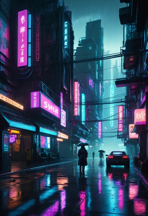 a cyberpunk city, neon lights, futuristic architecture, holograms, cyborg, advanced technology, moody atmosphere, dark shadows, ...