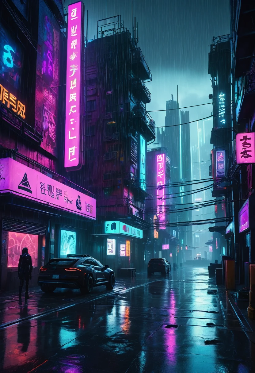 a cyberpunk city, neon lights, futuristic architecture, holograms, cyborg, advanced technology, moody atmosphere, dark shadows, sci-fi, urban landscape, rain, metallic textures, glowing displays, dystopian, cinematic lighting, high contrast, muted color palette, extremely detailed, 8k, hyperrealistic, intricate details, photorealistic