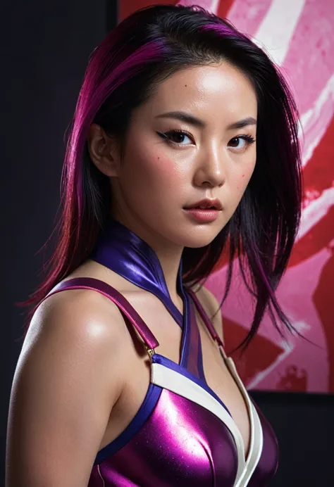 half body, portrait illustration of psylocke from x-men, an beatiful japanese girl envolve in a energy pink aura, little butterf...