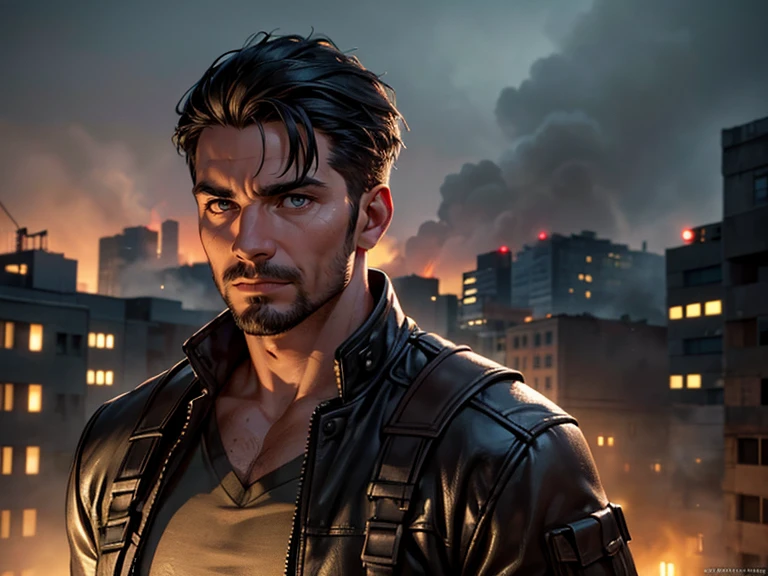 a man, 25 years old, black hair, hazel eyes, 6'1" height, rugged, muscular, standing on a rooftop, city in ruins behind him, smoke and fire emitting from the buildings, (best quality,4k,8k,highres,masterpiece:1.2),ultra-detailed,(realistic,photorealistic,photo-realistic:1.37),hyperrealistic, dramatic lighting, cinematic, moody atmosphere, dystopian, apocalyptic. Close up of face