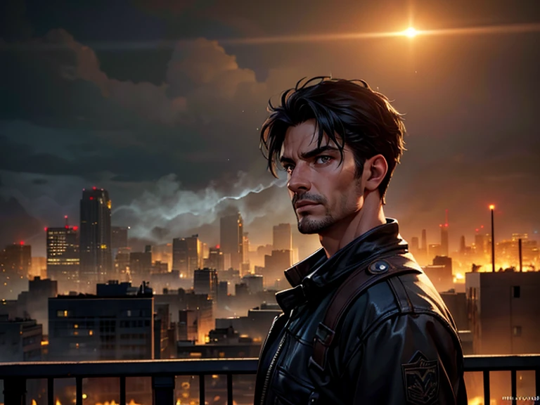 a man, 25 years old, black hair, hazel eyes, 6'1" height, rugged, muscular, standing on a rooftop, city in ruins behind him, smoke and fire emitting from the buildings, (best quality,4k,8k,highres,masterpiece:1.2),ultra-detailed,(realistic,photorealistic,photo-realistic:1.37),hyperrealistic, dramatic lighting, cinematic, moody atmosphere, dystopian, apocalyptic. Close up of face