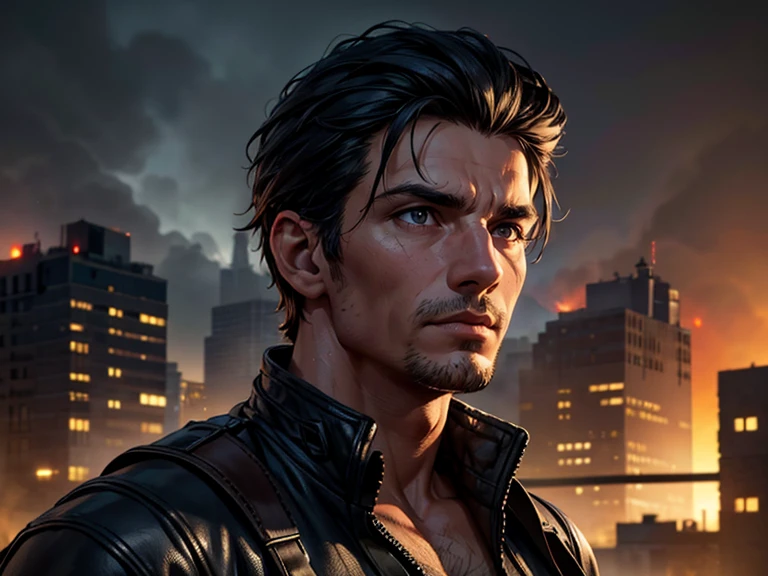 a man, 25 years old, black hair, hazel eyes, 6'1" height, rugged, muscular, standing on a rooftop, city in ruins behind him, smoke and fire emitting from the buildings, (best quality,4k,8k,highres,masterpiece:1.2),ultra-detailed,(realistic,photorealistic,photo-realistic:1.37),hyperrealistic, dramatic lighting, cinematic, moody atmosphere, dystopian, apocalyptic. Close up of face