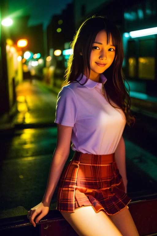 （（（（（（（All Nude）））））））((Reality)), s lips, Detailed background, 1girl in, Squatting in a dark alley、A strong red light shines on my face、16-year-old slim Japanese gravure idol、Natural Breast,, (plaid skirts), small 、Slimed、A slender、Long straight light brown hair, (soft smiling), Look at viewers,