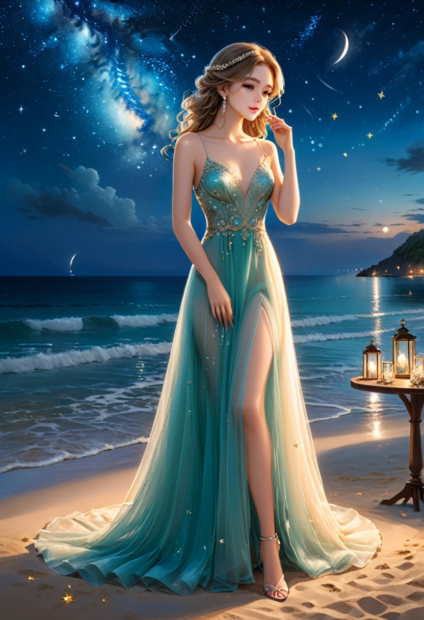 At a private beach banquet, a girl wore a light and elegant evening gown, with the sea breeze brushing her face and the stars twinkling, creating a dreamy night. Full body, (masterpiece, best quality, Professional, perfect composition, very aesthetic, absurdres, ultra-detailed, intricate details:1.3)
