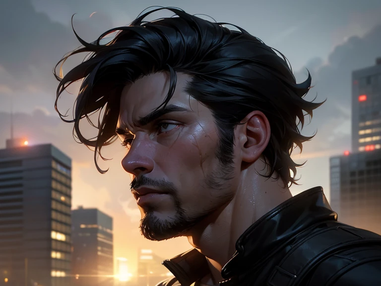 a man, 25 years old, black hair, hazel eyes, 6'1" height, rugged, muscular, standing on a rooftop, city in ruins behind him, smoke and fire emitting from the buildings, (best quality,4k,8k,highres,masterpiece:1.2),ultra-detailed,(realistic,photorealistic,photo-realistic:1.37),hyperrealistic, dramatic lighting, cinematic, moody atmosphere, dystopian, apocalyptic. Close up of face