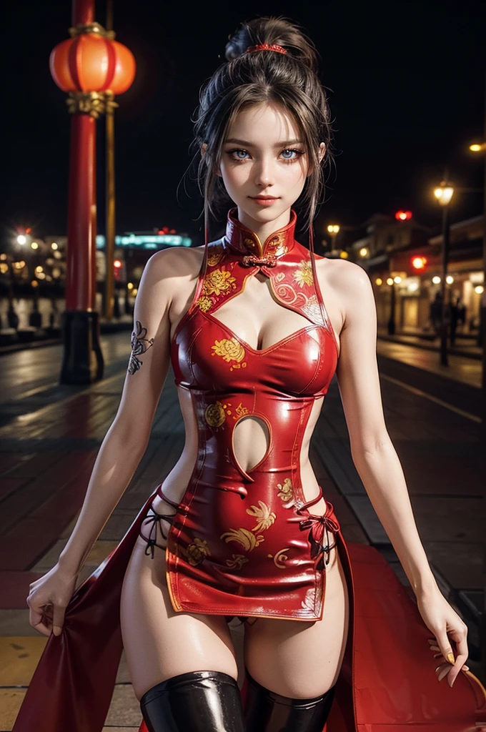 (RAW photo, best quality), Cute girl with short black hair, (ponytail), (city roof at night background), low light , dark eyeliner, cute smile, gorgeous face , super cute, 18 years old , young looking, hyper detailed face, dark eyeliner, (medium breast), (thin waist, super slender), (bare shoulders, (exposed hips), skintight and red PVC qipao china dress with yellow dragon decoration and vivid patterns, deep black leather thigh high boots, red PVC arm sleeves with yellow flower decorations and vivid patterns, cleavage, ((both hands on waist)), one leg in front of the other, (((very extremely small small navel exposure)))